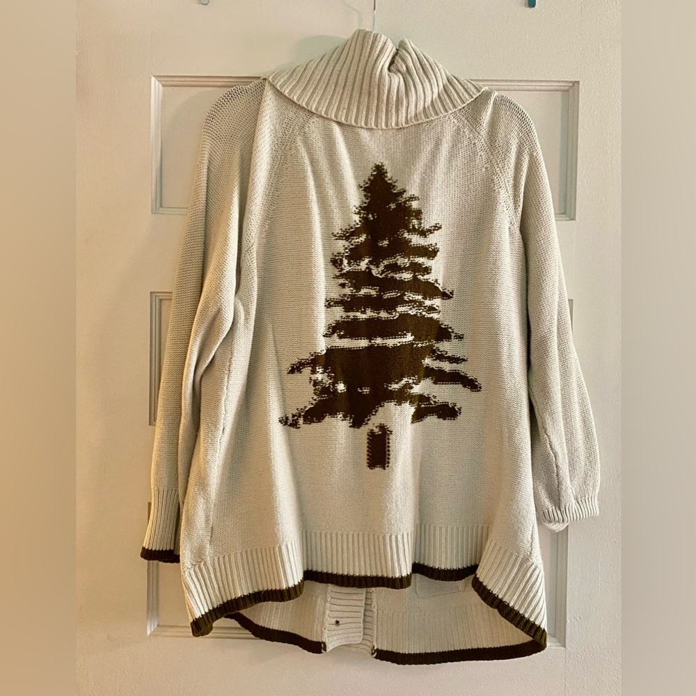 Anthropologie Cozy Ivory Knit Cardigan with Evergreen Tree Motif - Picture 2 of 4